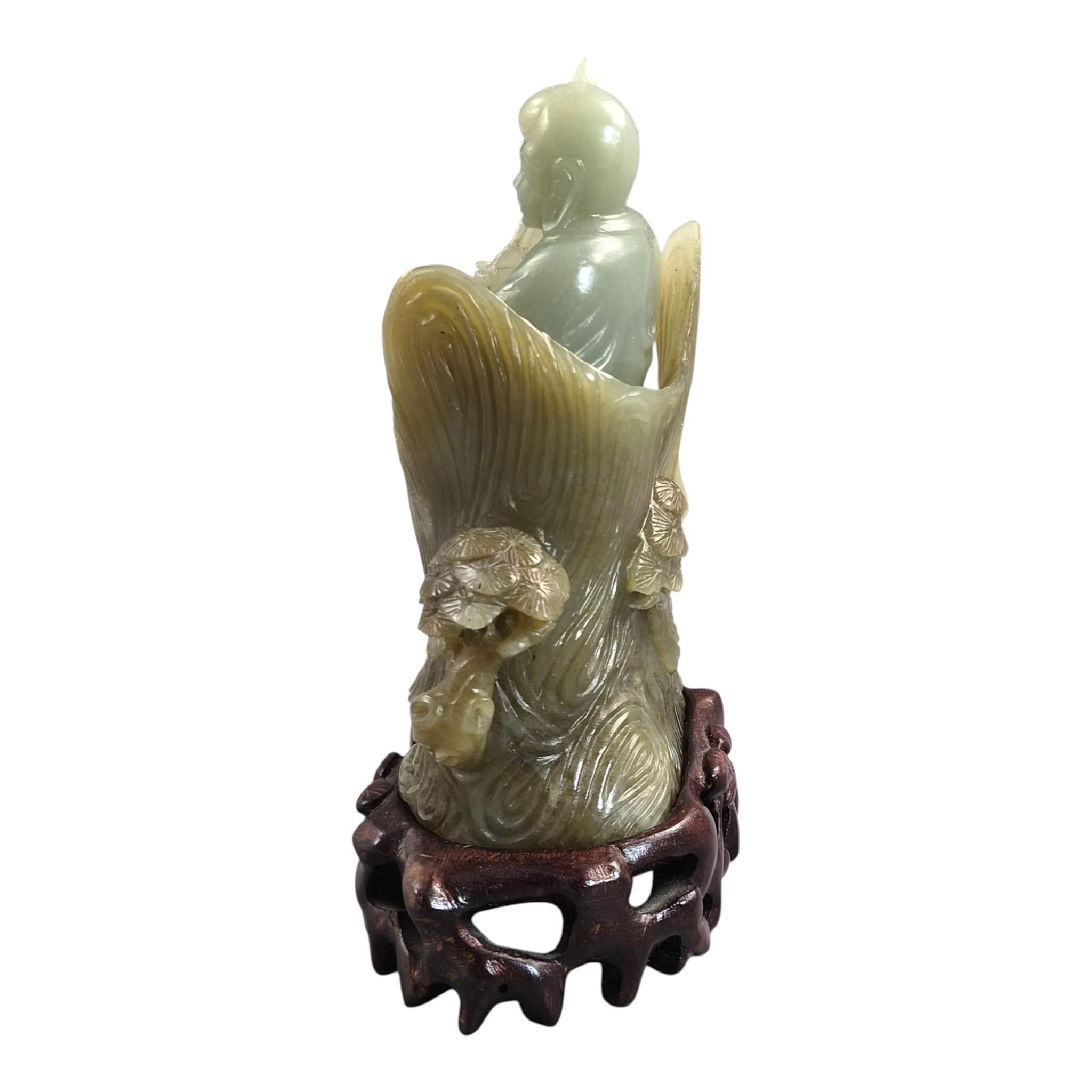 Large Chinese Carved Jadeite Figure with Lotus, Late Qing / Early Republic, 748g