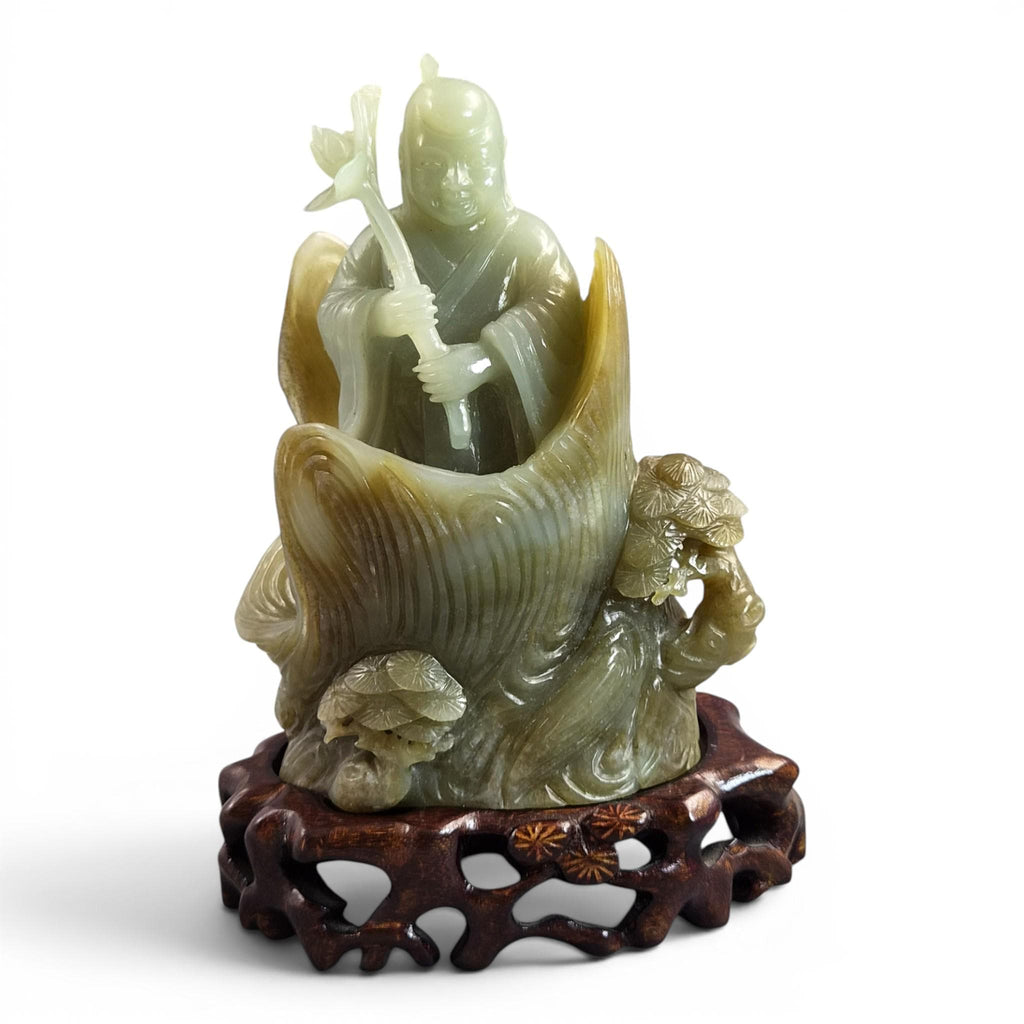 Large Chinese Carved Jadeite Figure with Lotus, Late Qing / Early Republic, 748g