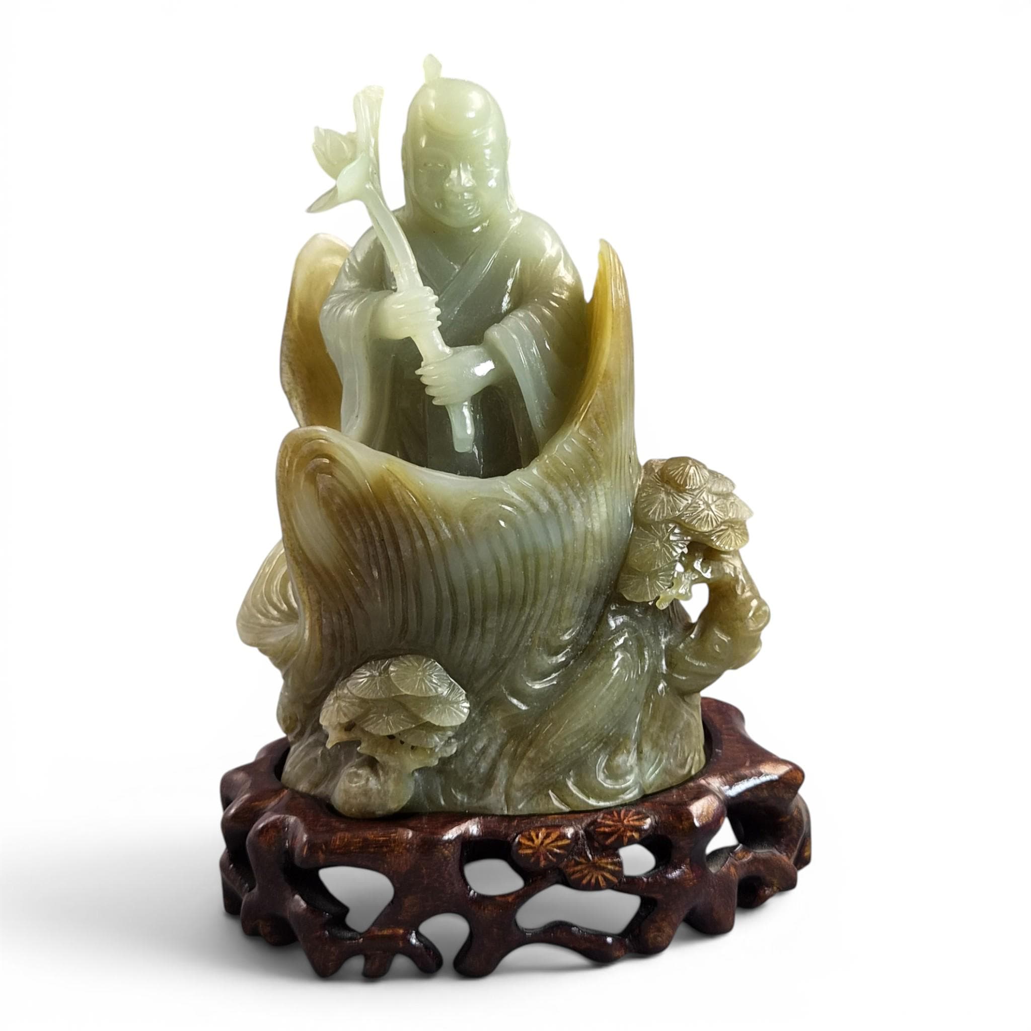 Large Chinese Carved Jadeite Figure with Lotus, Late Qing / Early Republic, 748g