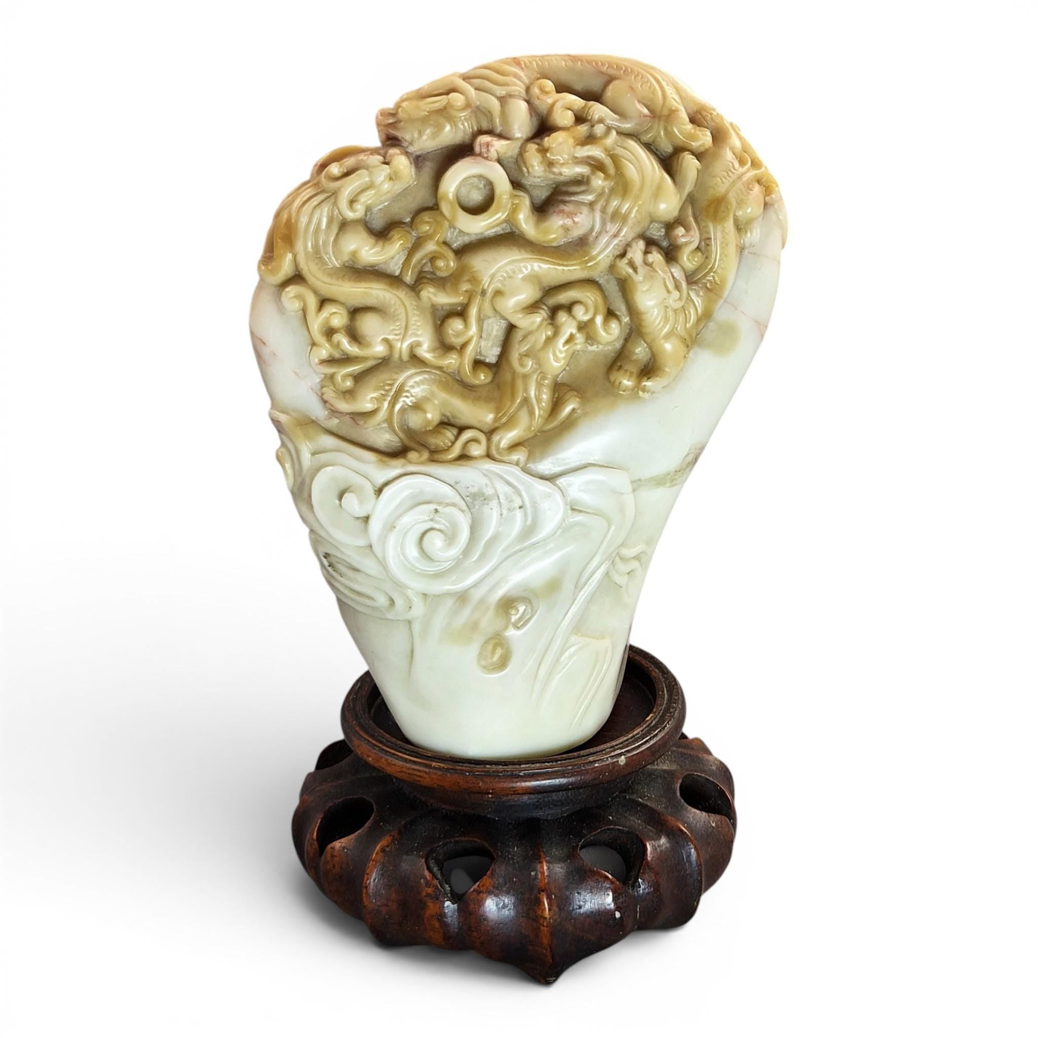 Chinese Shoushan Cream Soapstone Dragon Pearl Carving, Late 19th / Early 20th C.