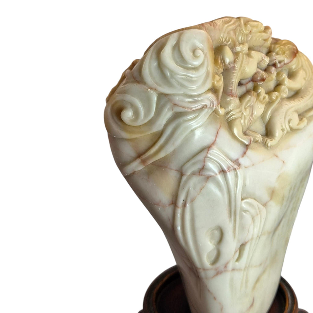 Chinese Shoushan Cream Soapstone Dragon Pearl Carving, Late 19th / Early 20th C.