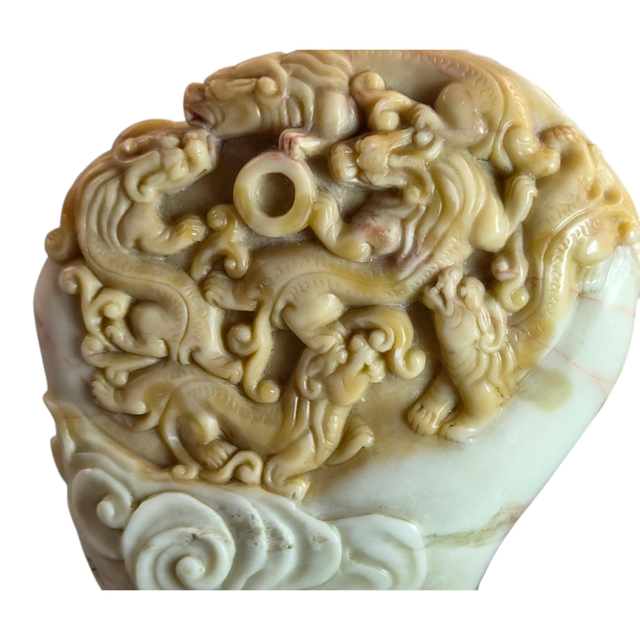 Chinese Shoushan Cream Soapstone Dragon Pearl Carving, Late 19th / Early 20th C.
