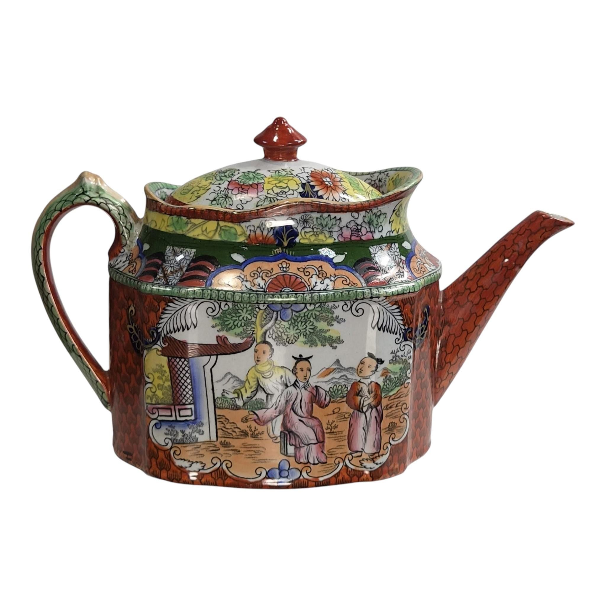 Rare Mason’s Patent Ironstone Red Scale Conversation New Oval Teapot c.1820–1830