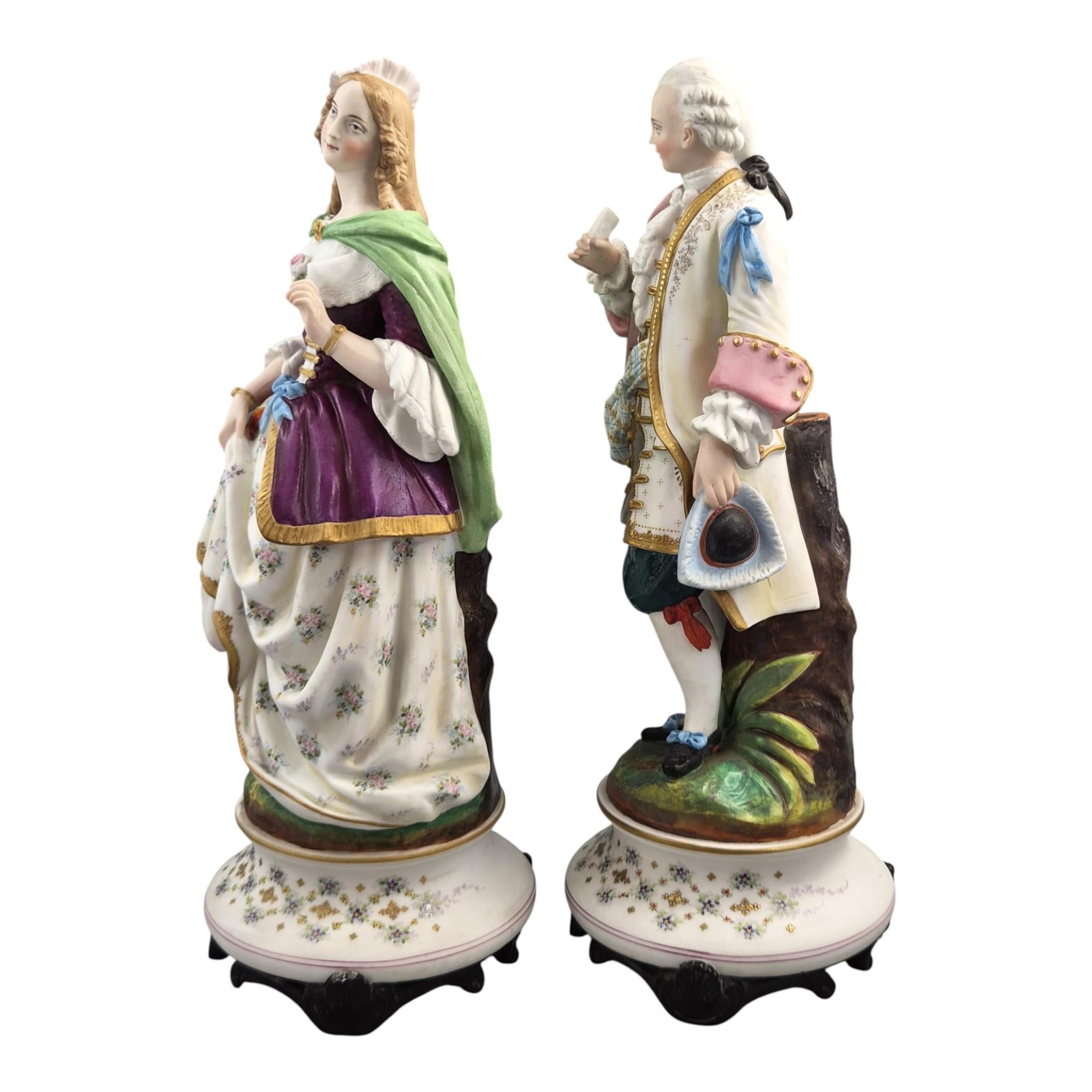 Rare Letu & Mauger Paris large romantic biscuit porcelain figures pair c1860s