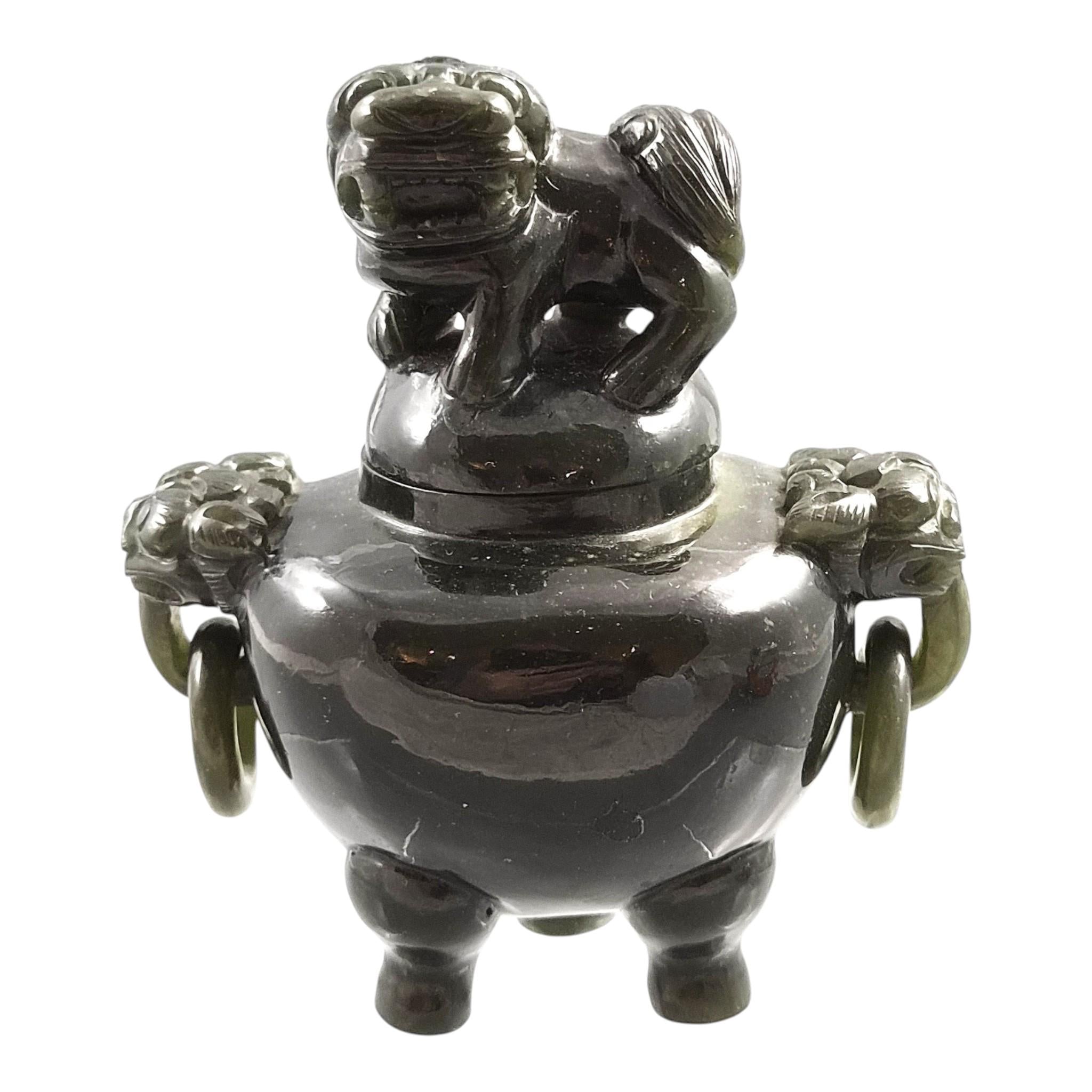 Antique Chinese Jade Tripod Incense Burner with Foo Dog Cover, c. 1900–1920