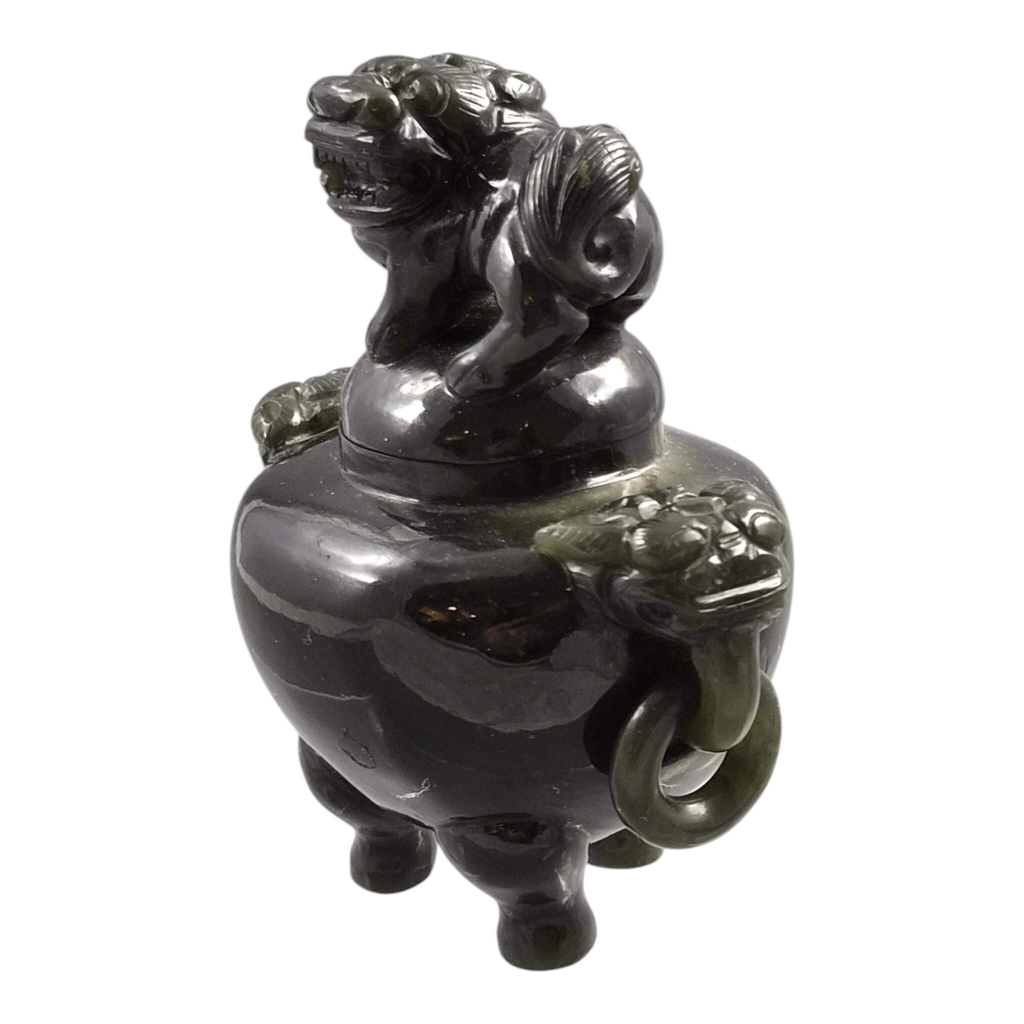 Antique Chinese Jade Tripod Incense Burner with Foo Dog Cover, c. 1900–1920
