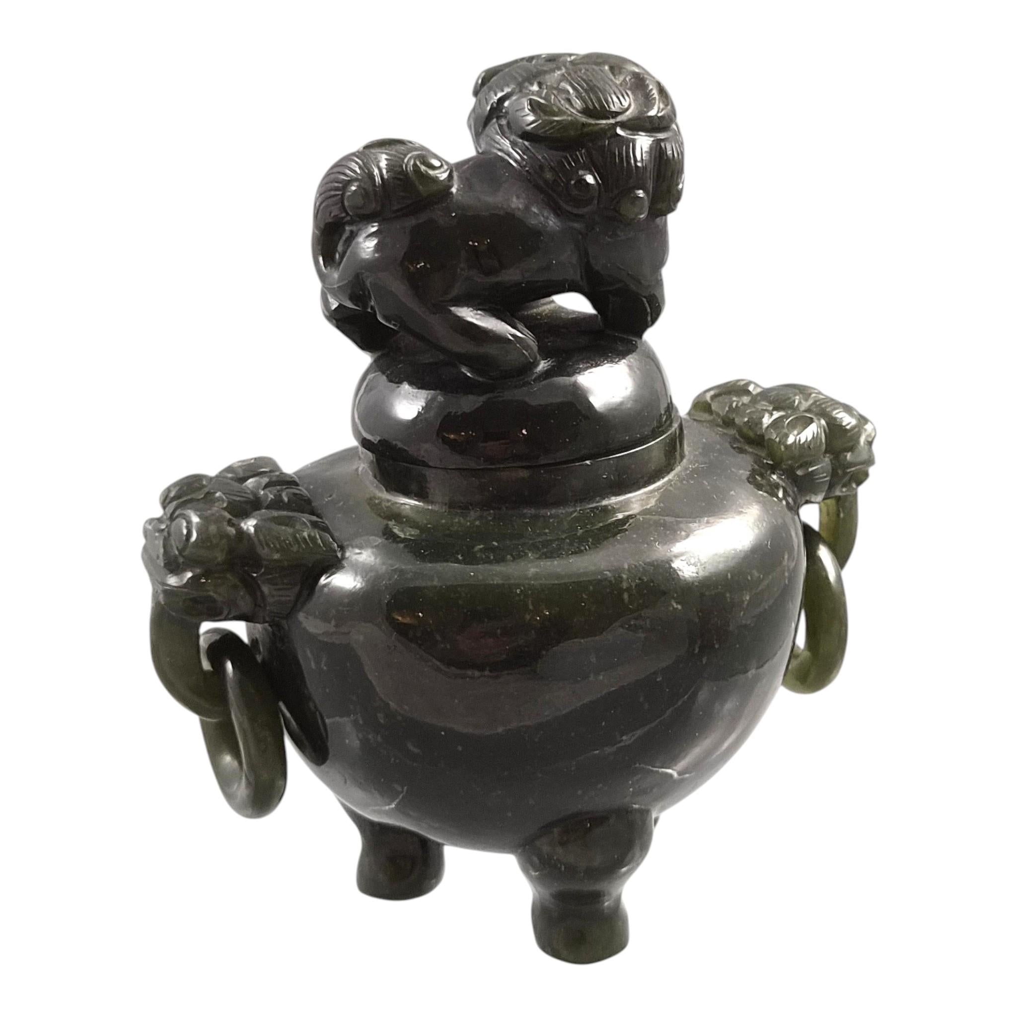 Antique Chinese Jade Tripod Incense Burner with Foo Dog Cover, c. 1900–1920