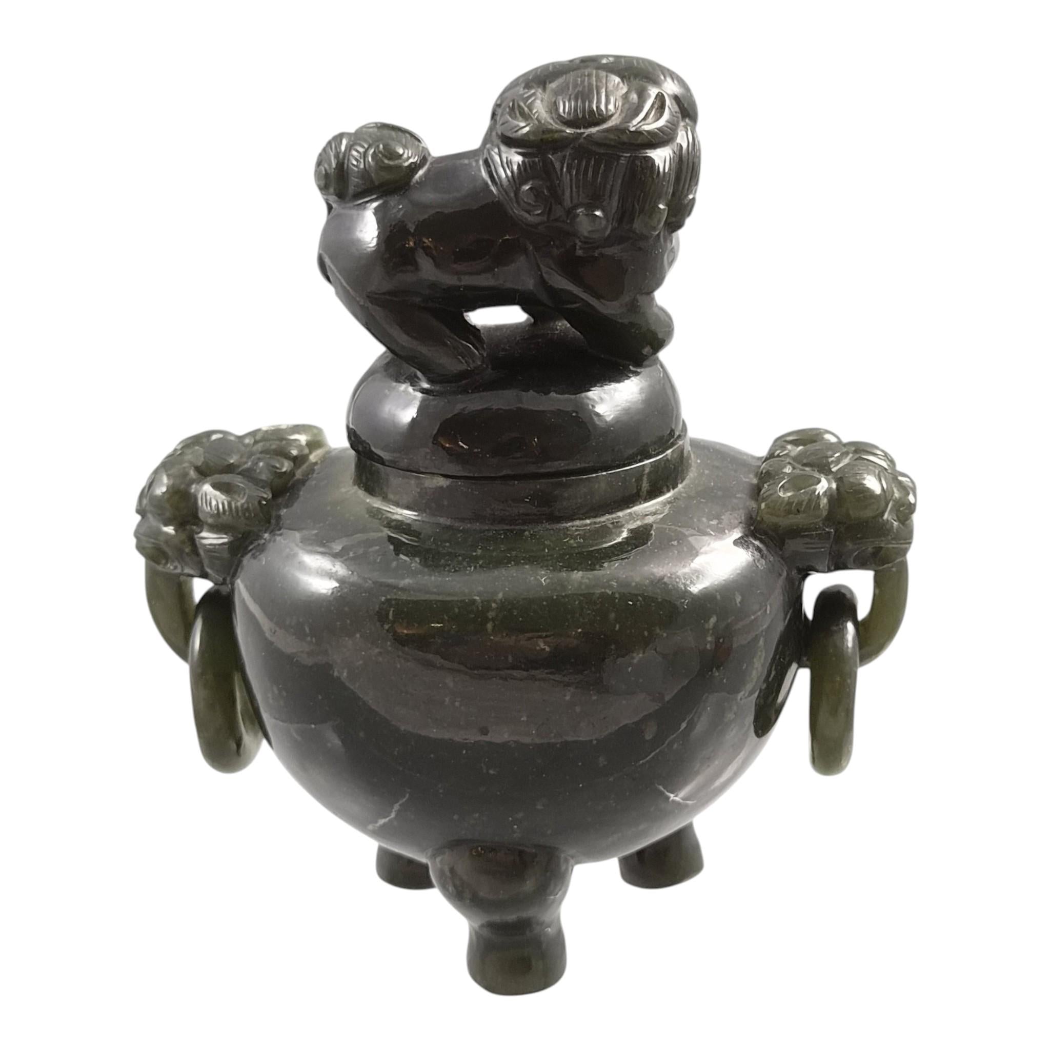 Antique Chinese Jade Tripod Incense Burner with Foo Dog Cover, c. 1900–1920