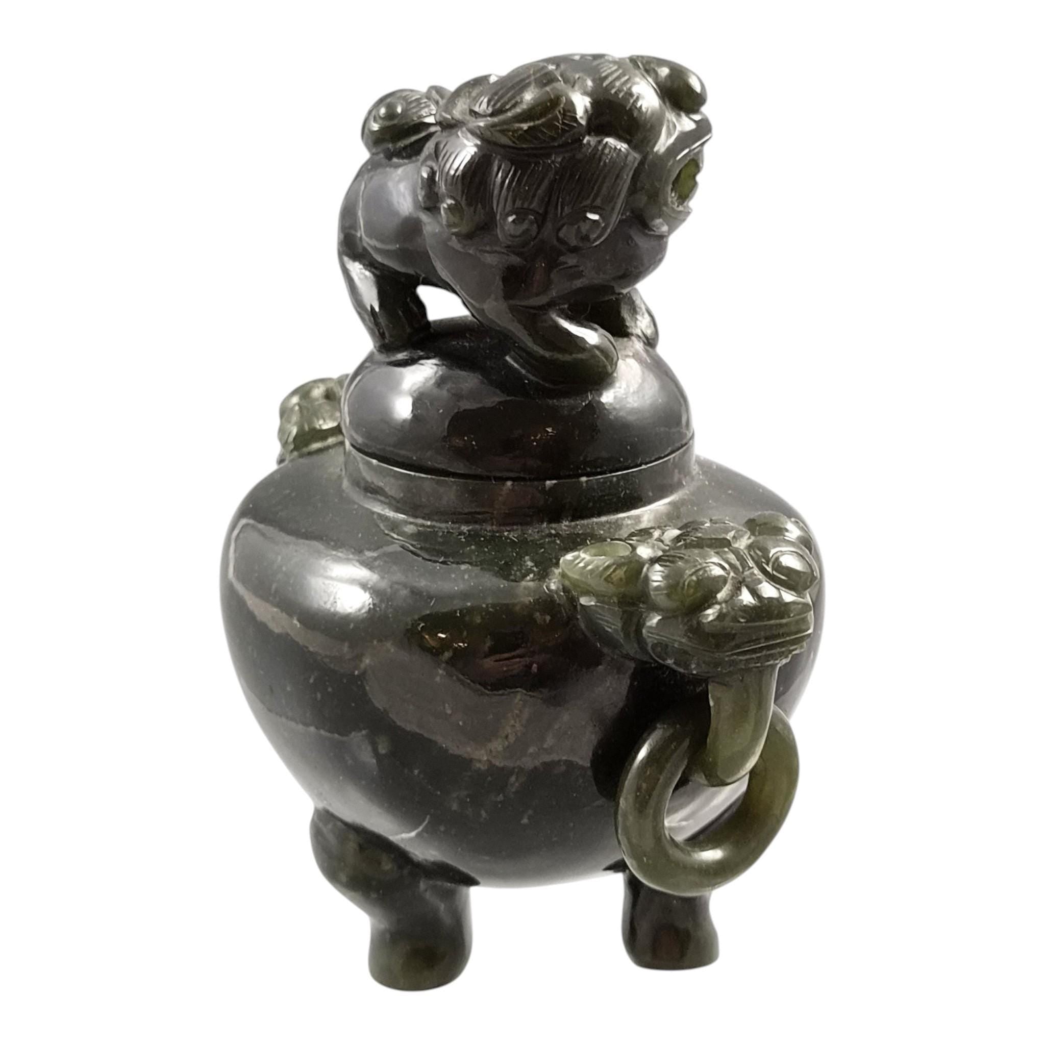 Antique Chinese Jade Tripod Incense Burner with Foo Dog Cover, c. 1900–1920