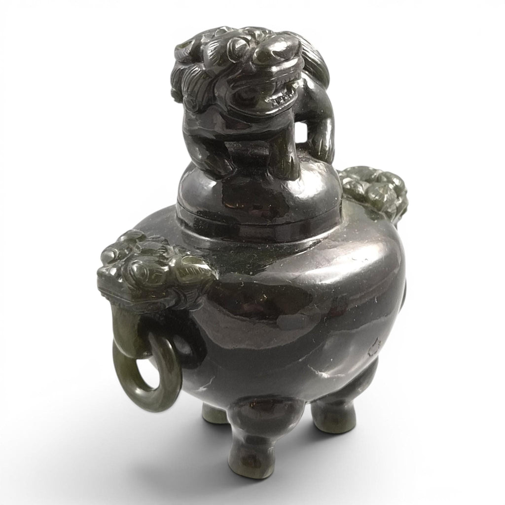 Antique Chinese Jade Tripod Incense Burner with Foo Dog Cover, c. 1900–1920
