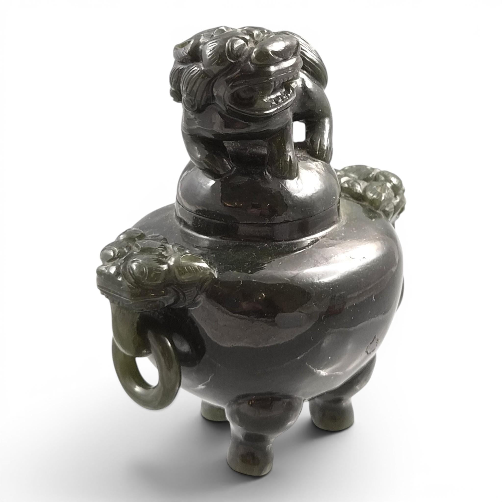 Antique Chinese Jade Tripod Incense Burner with Foo Dog Cover, c. 1900–1920