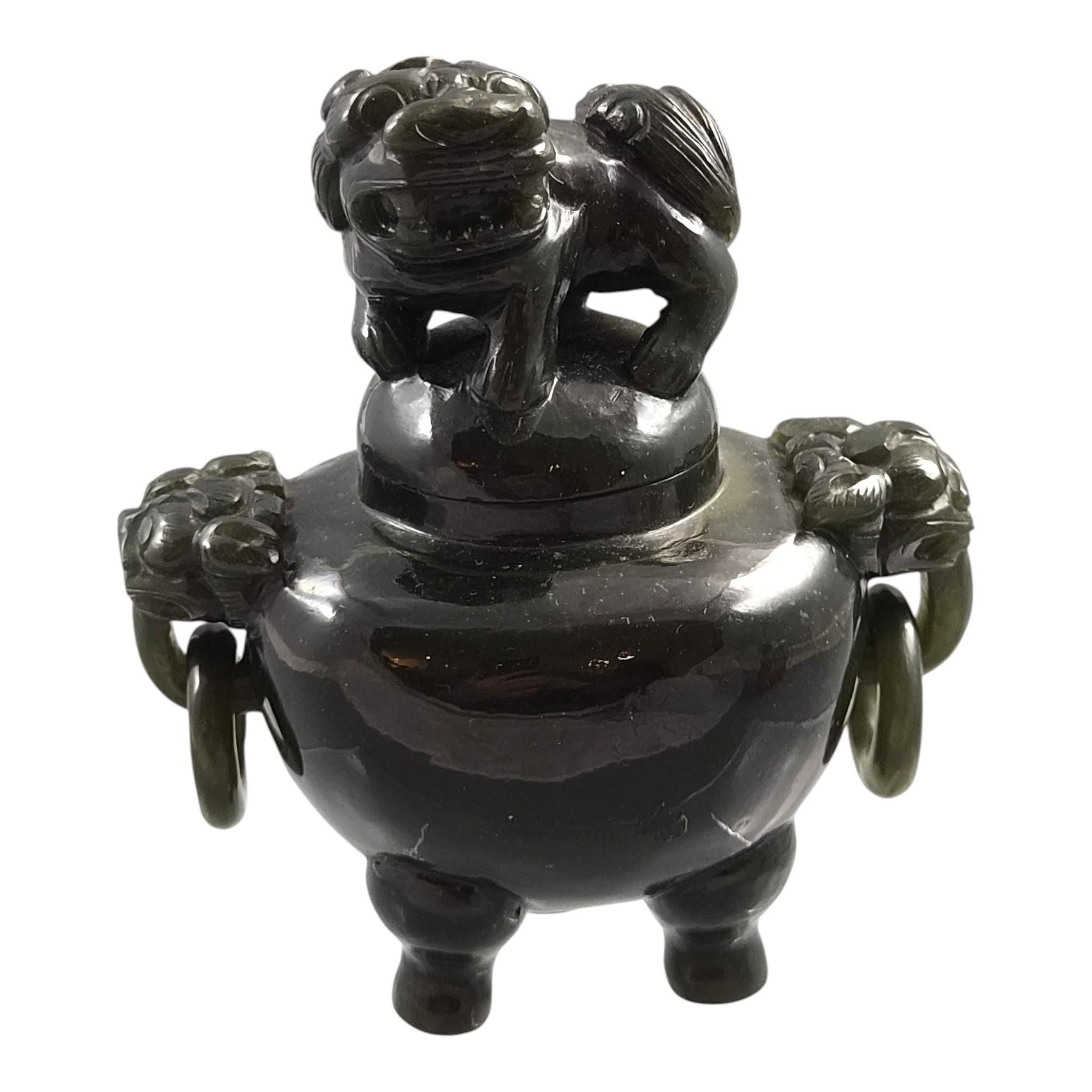 Antique Chinese Jade Tripod Incense Burner with Foo Dog Cover, c. 1900–1920