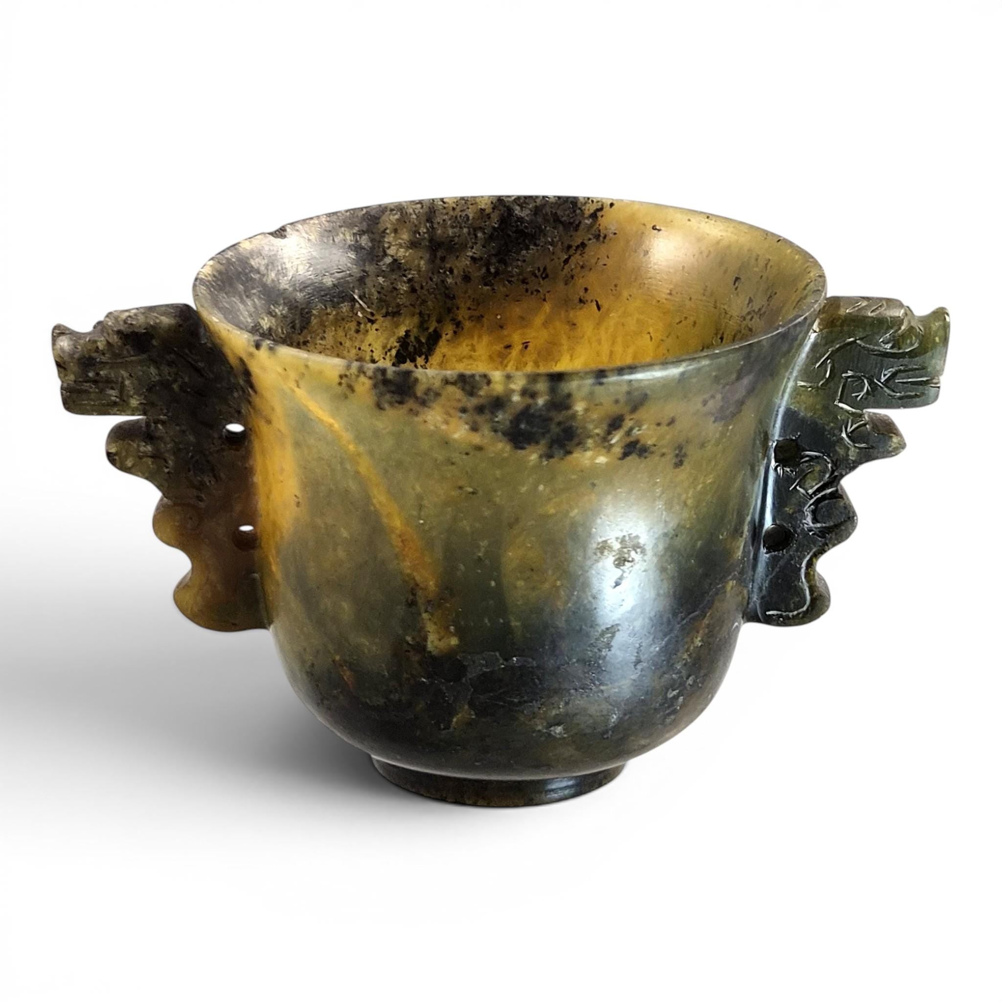 Antique Chinese Nephrite Archaistic Cup with Taotie Handles c. 1900–1910