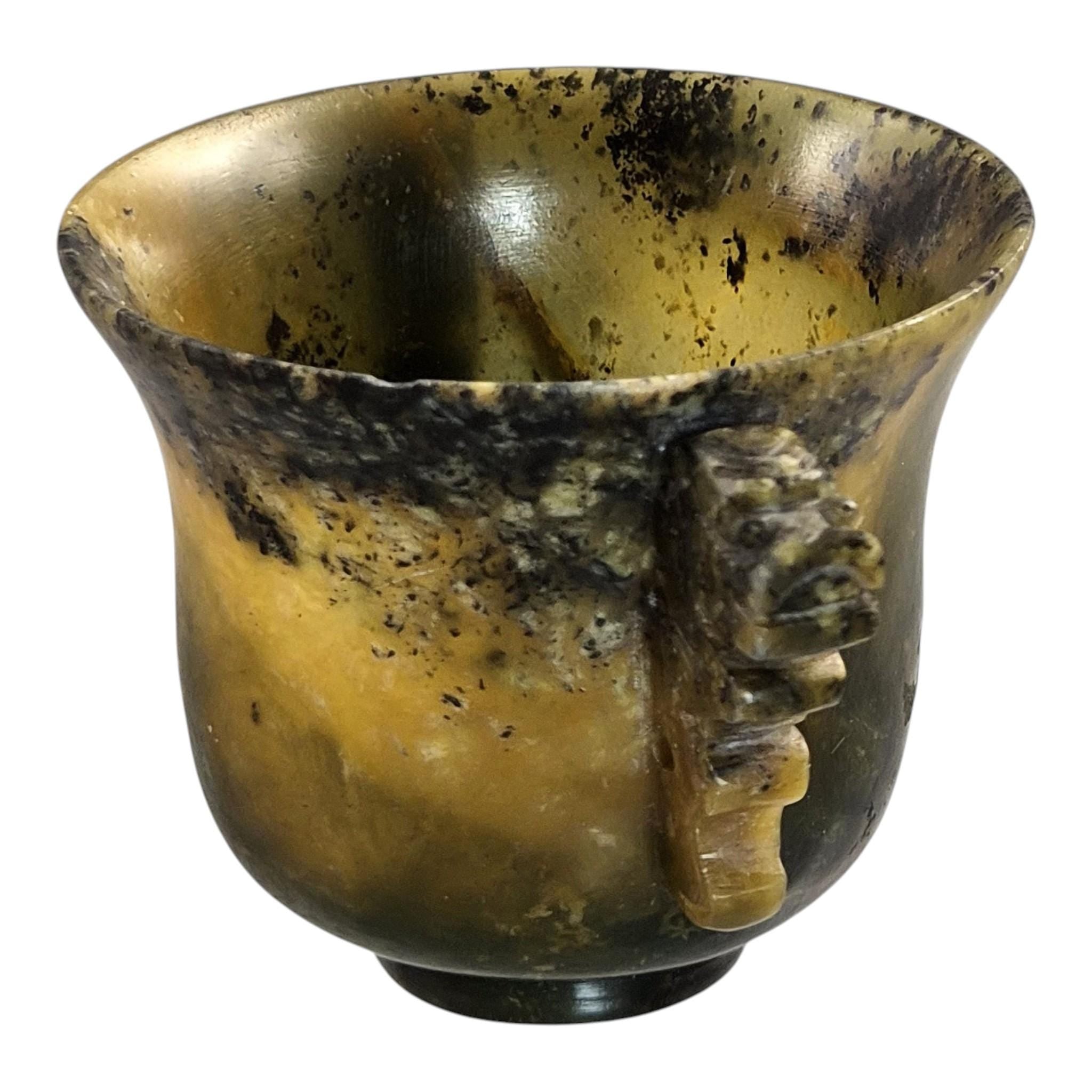 Antique Chinese Nephrite Archaistic Cup with Taotie Handles c. 1900–1910
