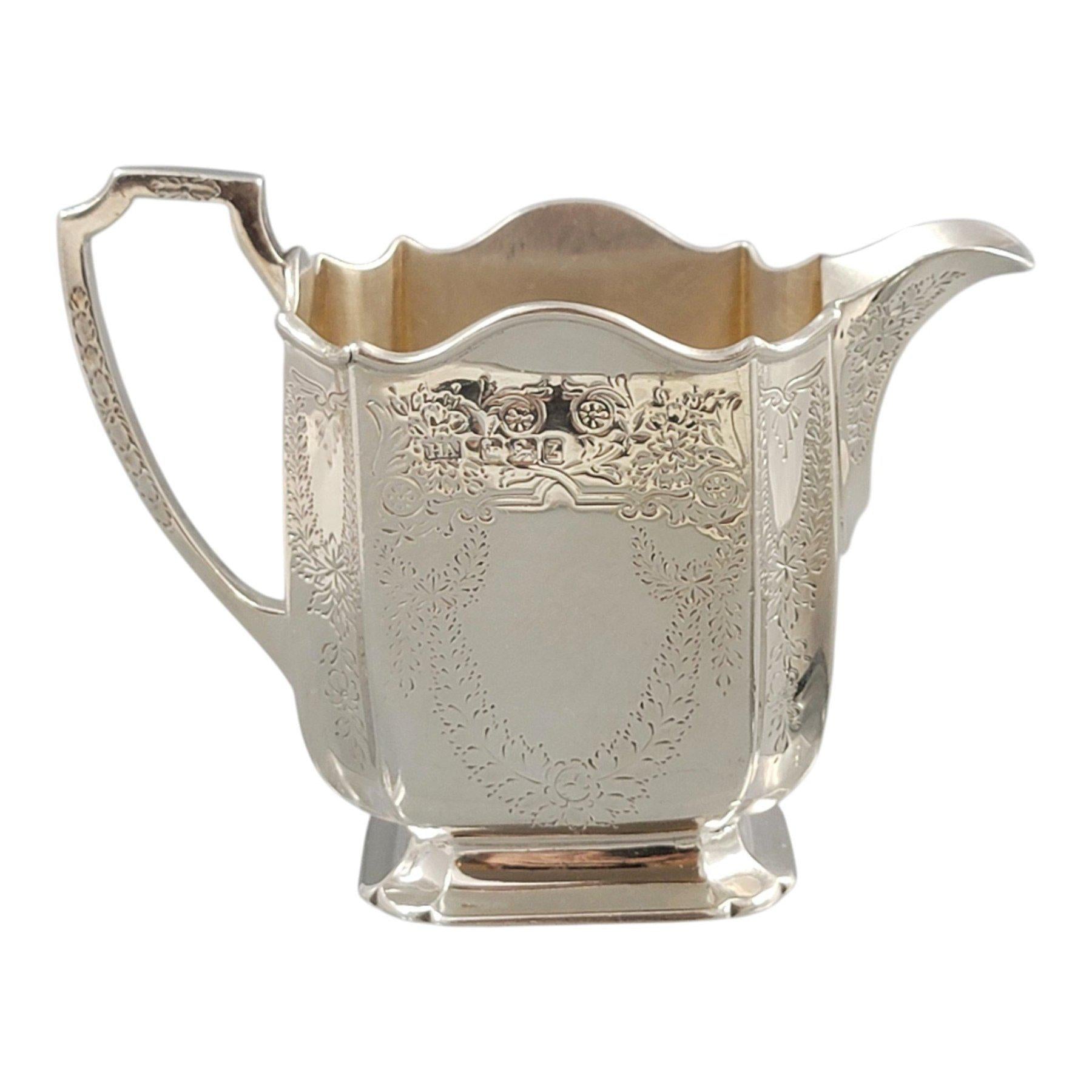 Victorian sterling silver tea service Atkin Brothers Sheffield 1892, four-piece antique silver teapot set with gilt sugar bowl, 1833 g