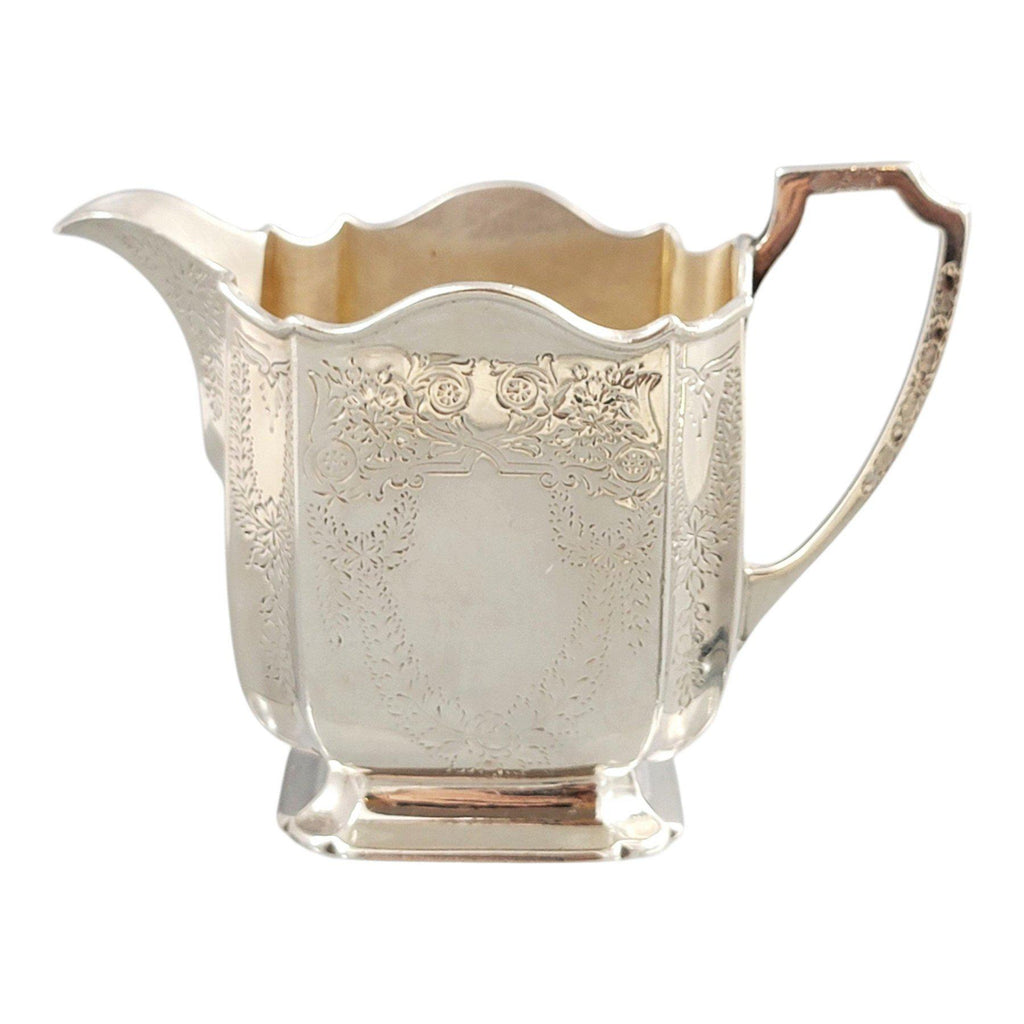 Victorian sterling silver tea service Atkin Brothers Sheffield 1892, four-piece antique silver teapot set with gilt sugar bowl, 1833 g