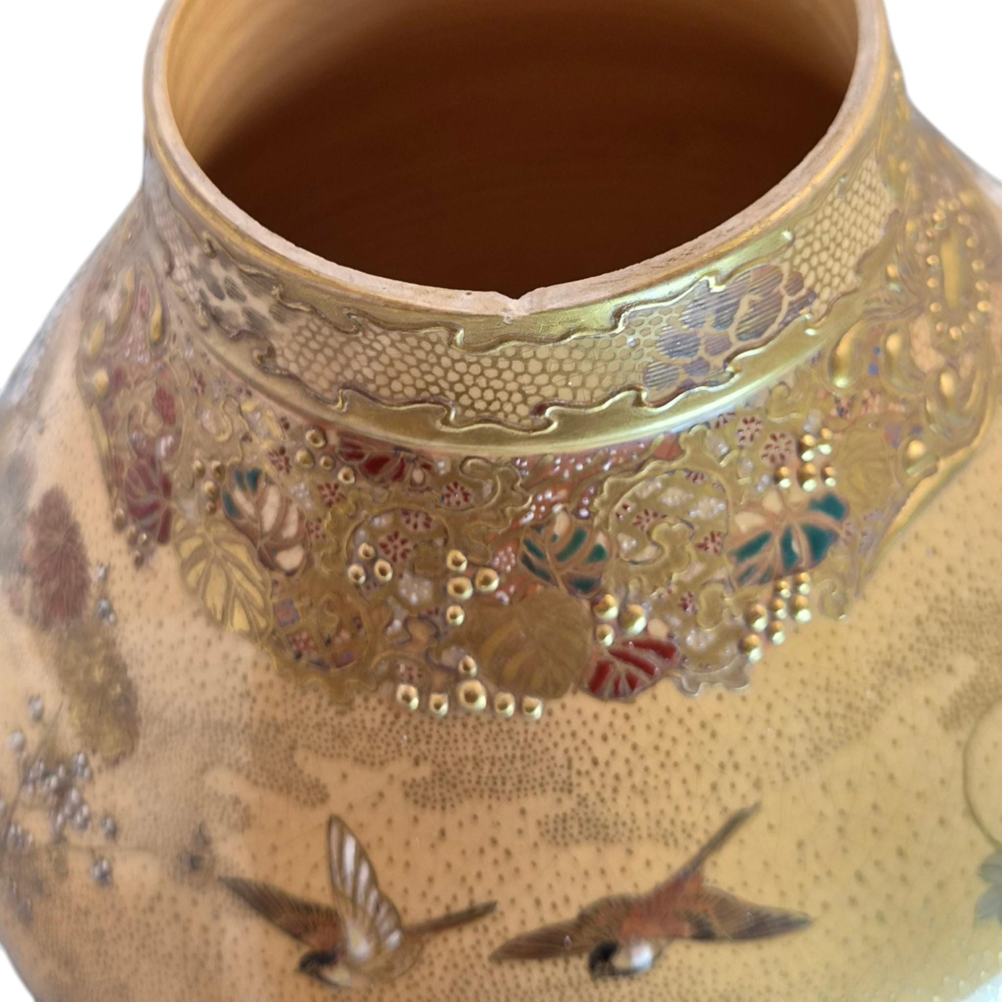 Exceptional Meiji Kyoto Satsuma Vase by Kinkōzan Workshop, Birds, Flowers and Gilt Moriage Decoration