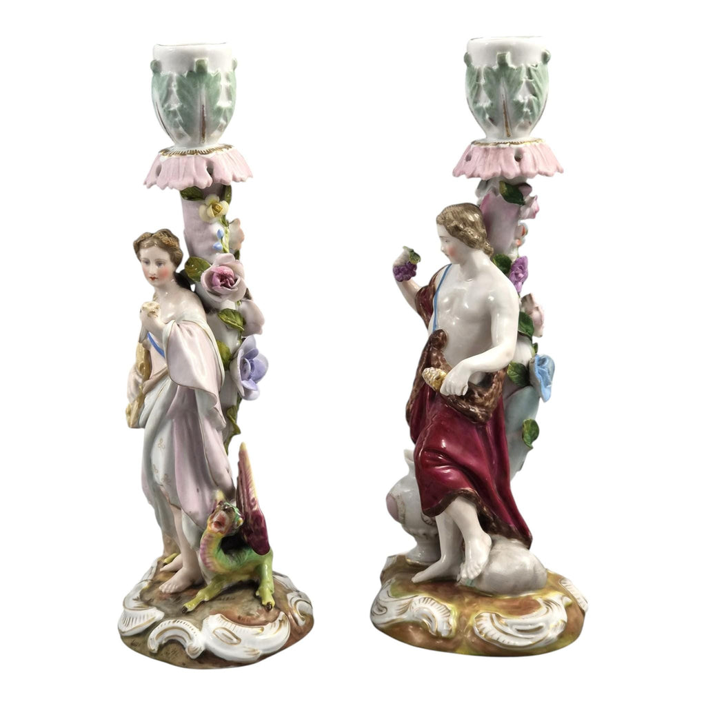 Volkstedt Allegorical Porcelain Candlesticks Summer & Autumn c.1895