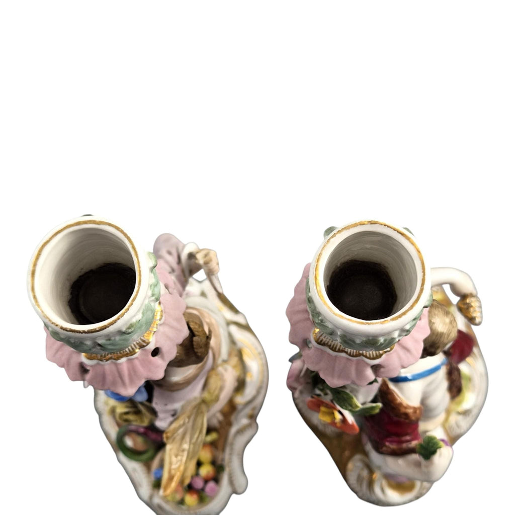 Volkstedt Allegorical Porcelain Candlesticks Summer & Autumn c.1895