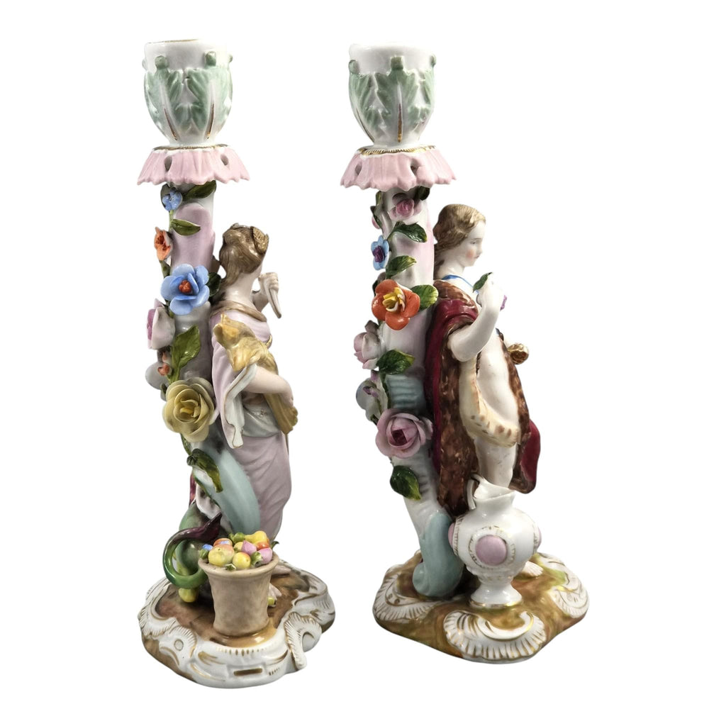Volkstedt Allegorical Porcelain Candlesticks Summer & Autumn c.1895