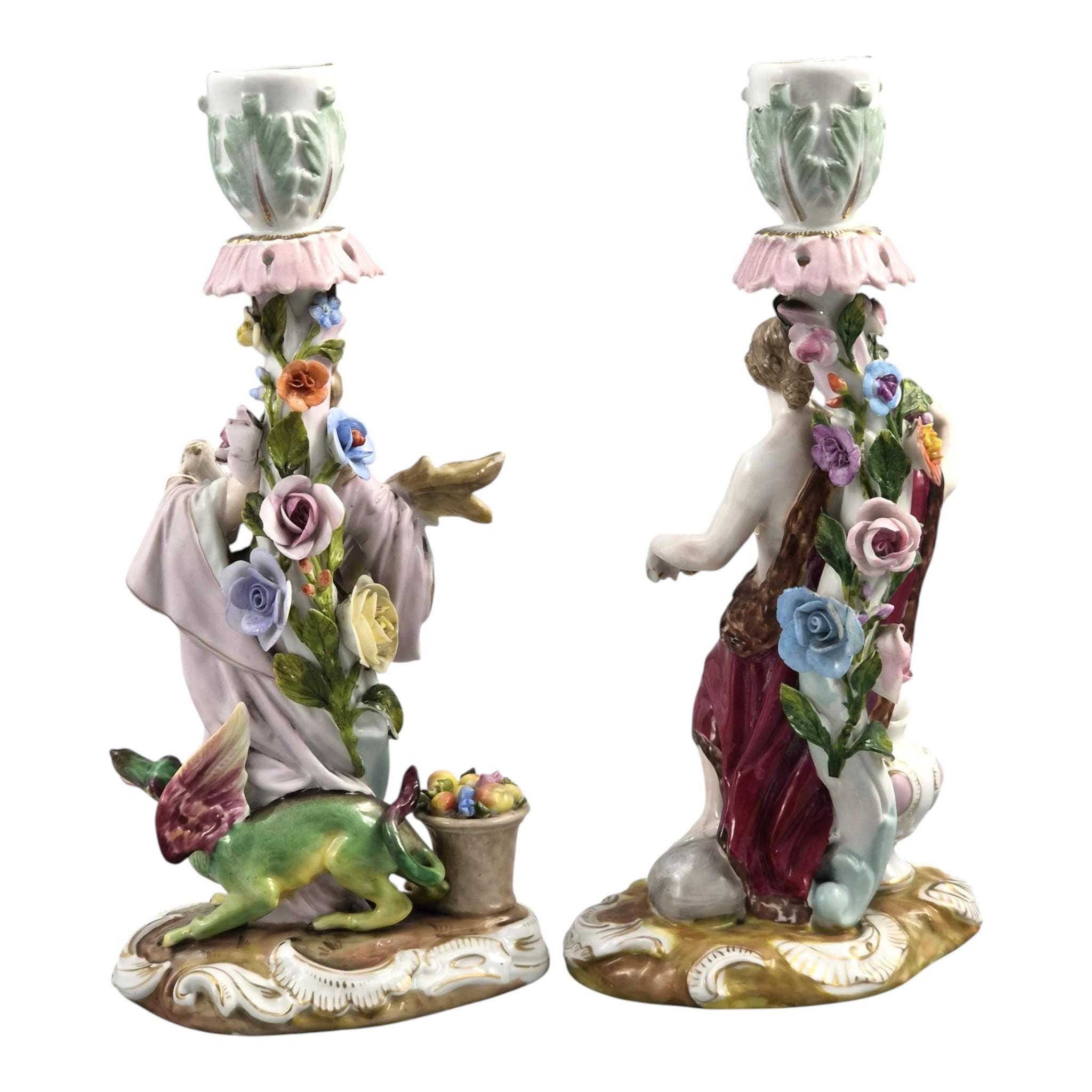 Volkstedt Allegorical Porcelain Candlesticks Summer & Autumn c.1895
