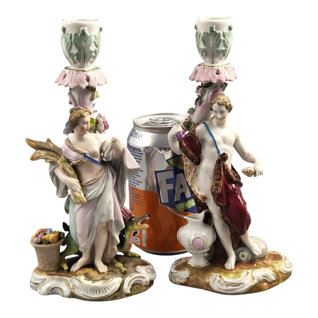 Volkstedt Allegorical Porcelain Candlesticks Summer & Autumn c.1895