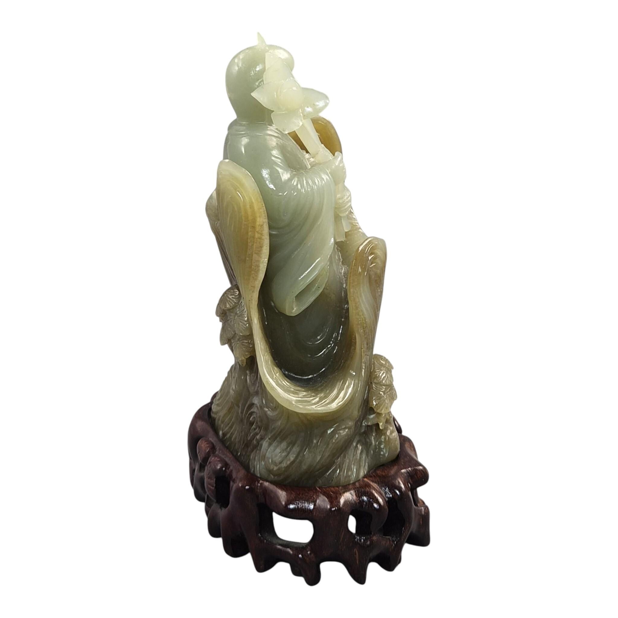 Large Chinese Carved Jadeite Figure with Lotus, Late Qing / Early Republic, 748g