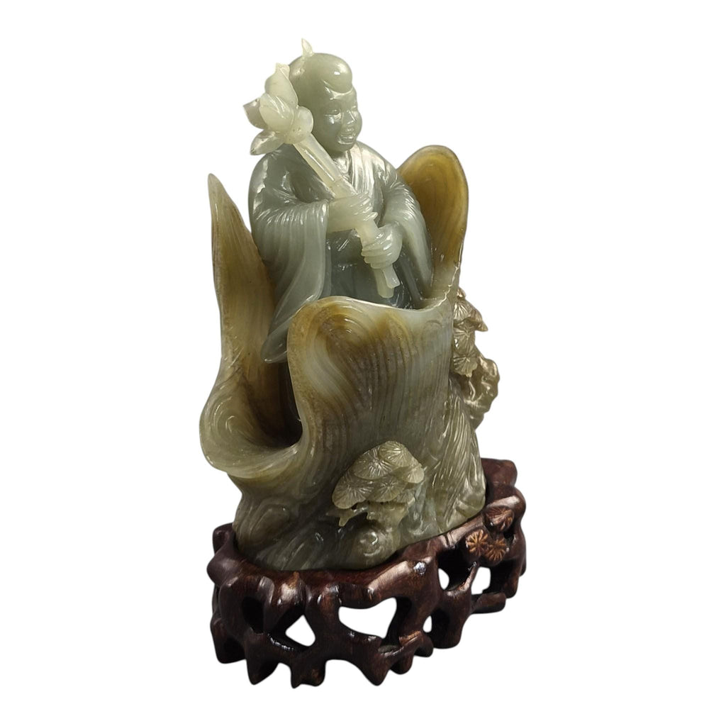 Large Chinese Carved Jadeite Figure with Lotus, Late Qing / Early Republic, 748g