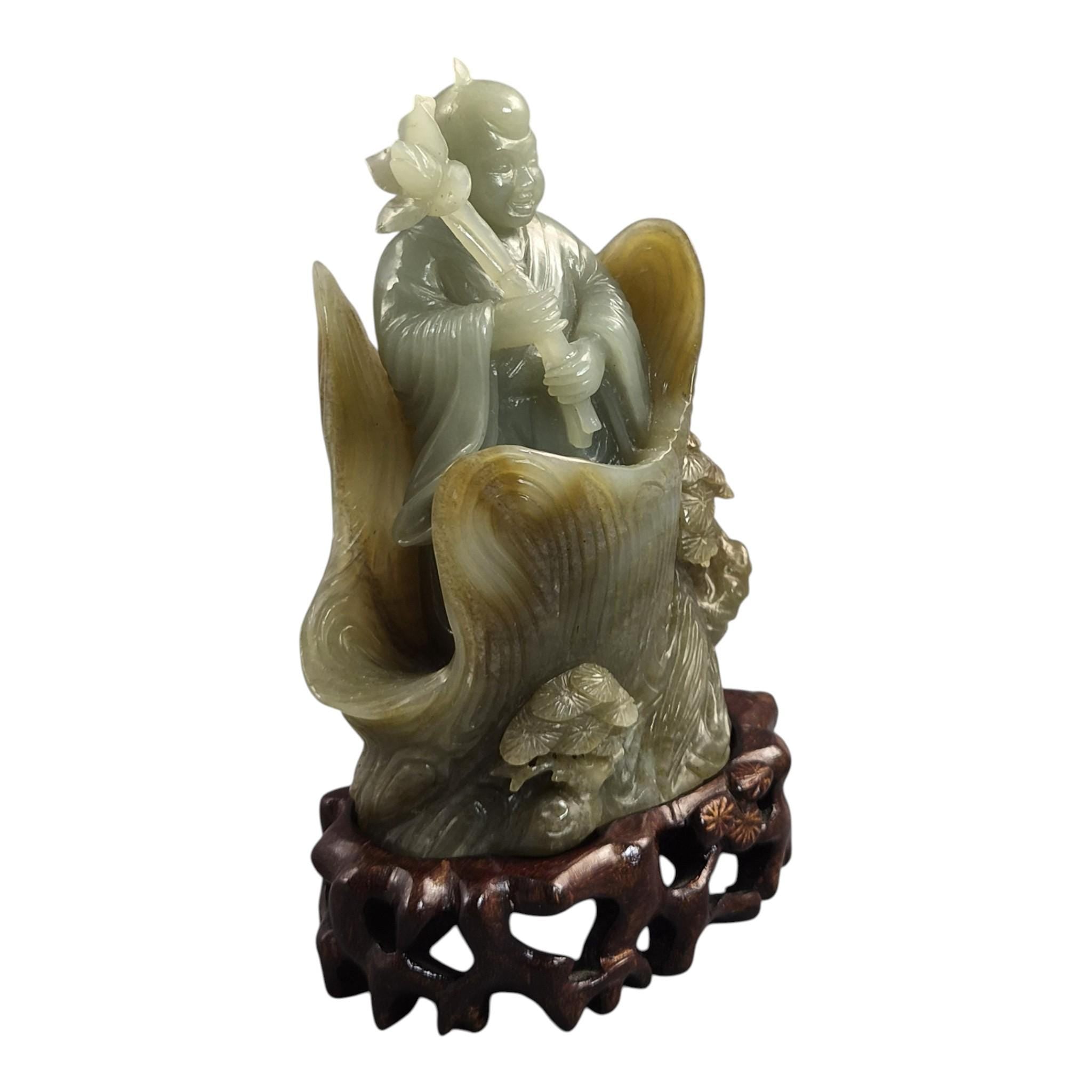 Large Chinese Carved Jadeite Figure with Lotus, Late Qing / Early Republic, 748g