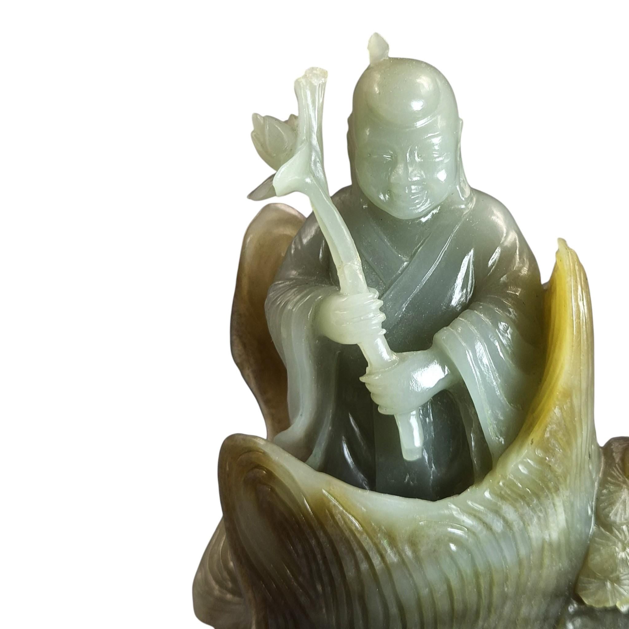 Large Chinese Carved Jadeite Figure with Lotus, Late Qing / Early Republic, 748g