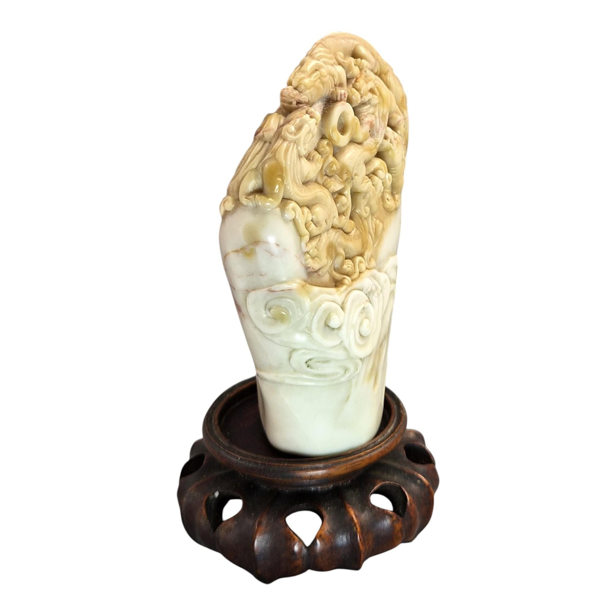 Chinese Shoushan Cream Soapstone Dragon Pearl Carving, Late 19th / Early 20th C.