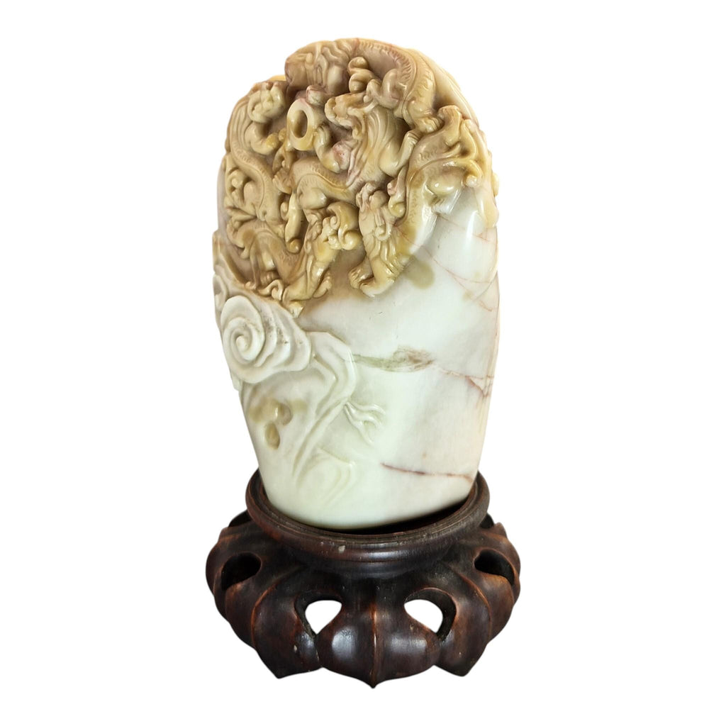 Chinese Shoushan Cream Soapstone Dragon Pearl Carving, Late 19th / Early 20th C.