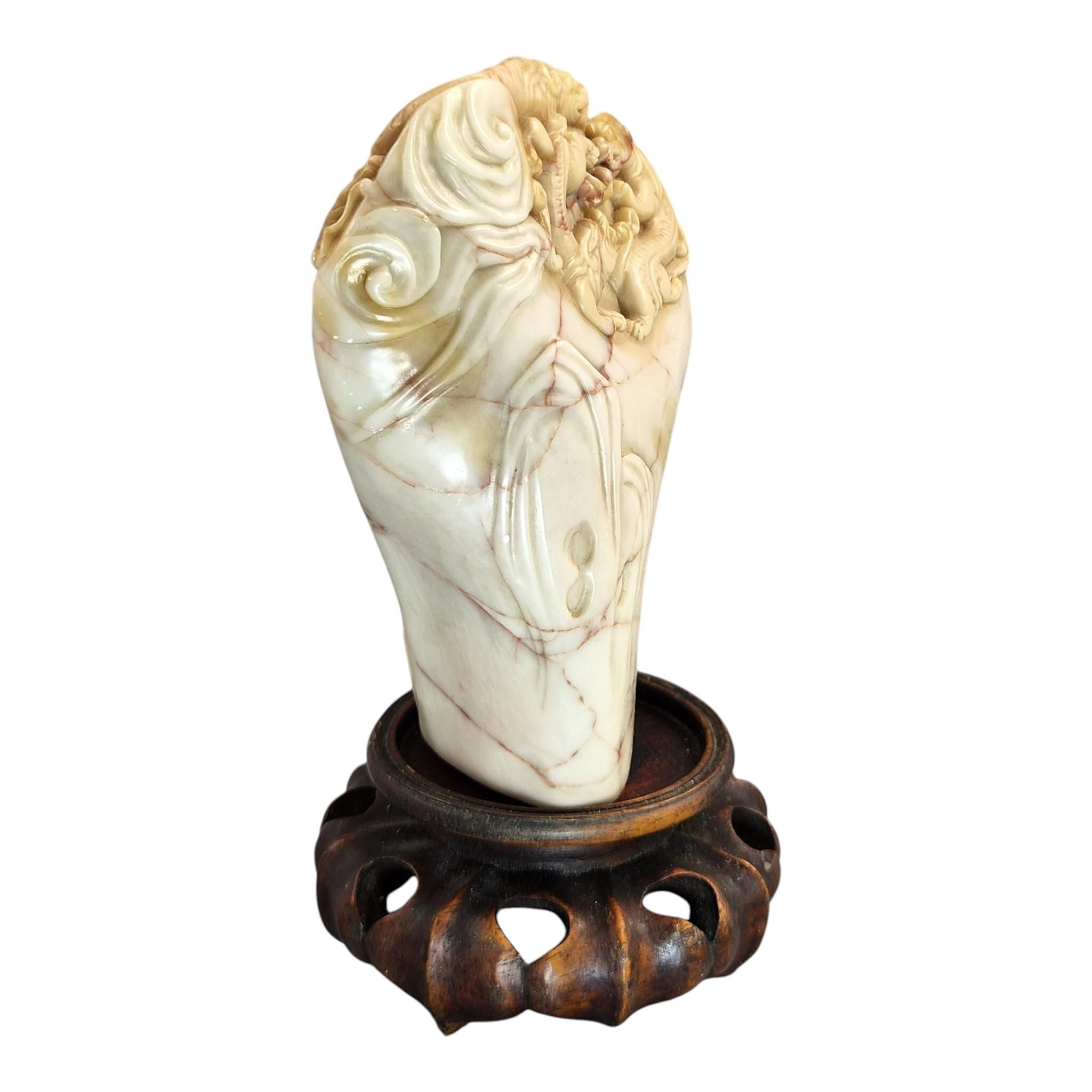 Chinese Shoushan Cream Soapstone Dragon Pearl Carving, Late 19th / Early 20th C.