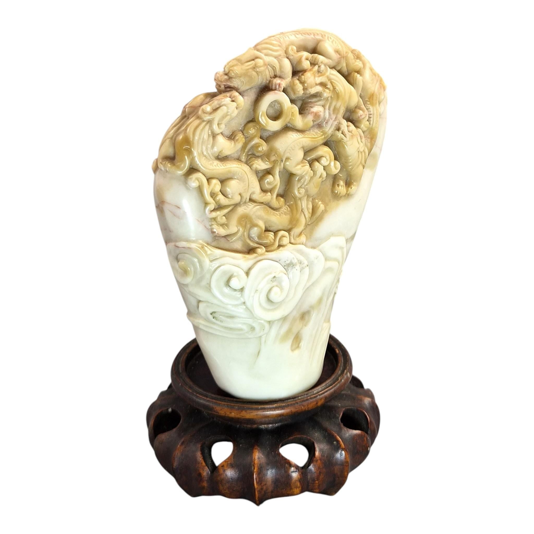 Chinese Shoushan Cream Soapstone Dragon Pearl Carving, Late 19th / Early 20th C.