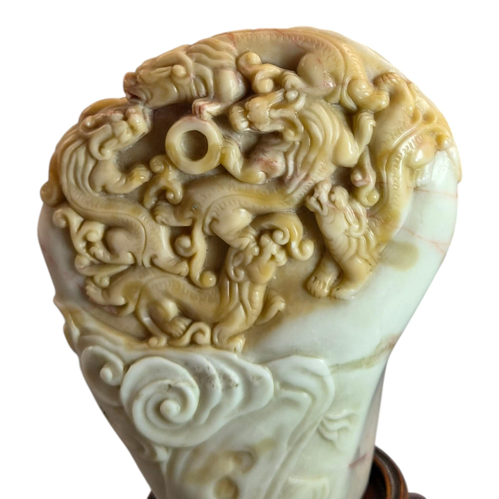 Chinese Shoushan Cream Soapstone Dragon Pearl Carving, Late 19th / Early 20th C.