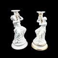 Pair of Victorian English porcelain figural candlesticks, Sutherland & Sons style, Neoclassical ladies with dolphin, antique Staffordshire