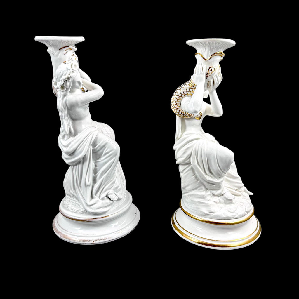 Pair of Victorian English porcelain figural candlesticks, Sutherland & Sons style, Neoclassical ladies with dolphin, antique Staffordshire