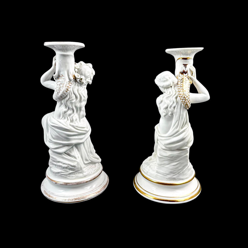 Pair of Victorian English porcelain figural candlesticks, Sutherland & Sons style, Neoclassical ladies with dolphin, antique Staffordshire