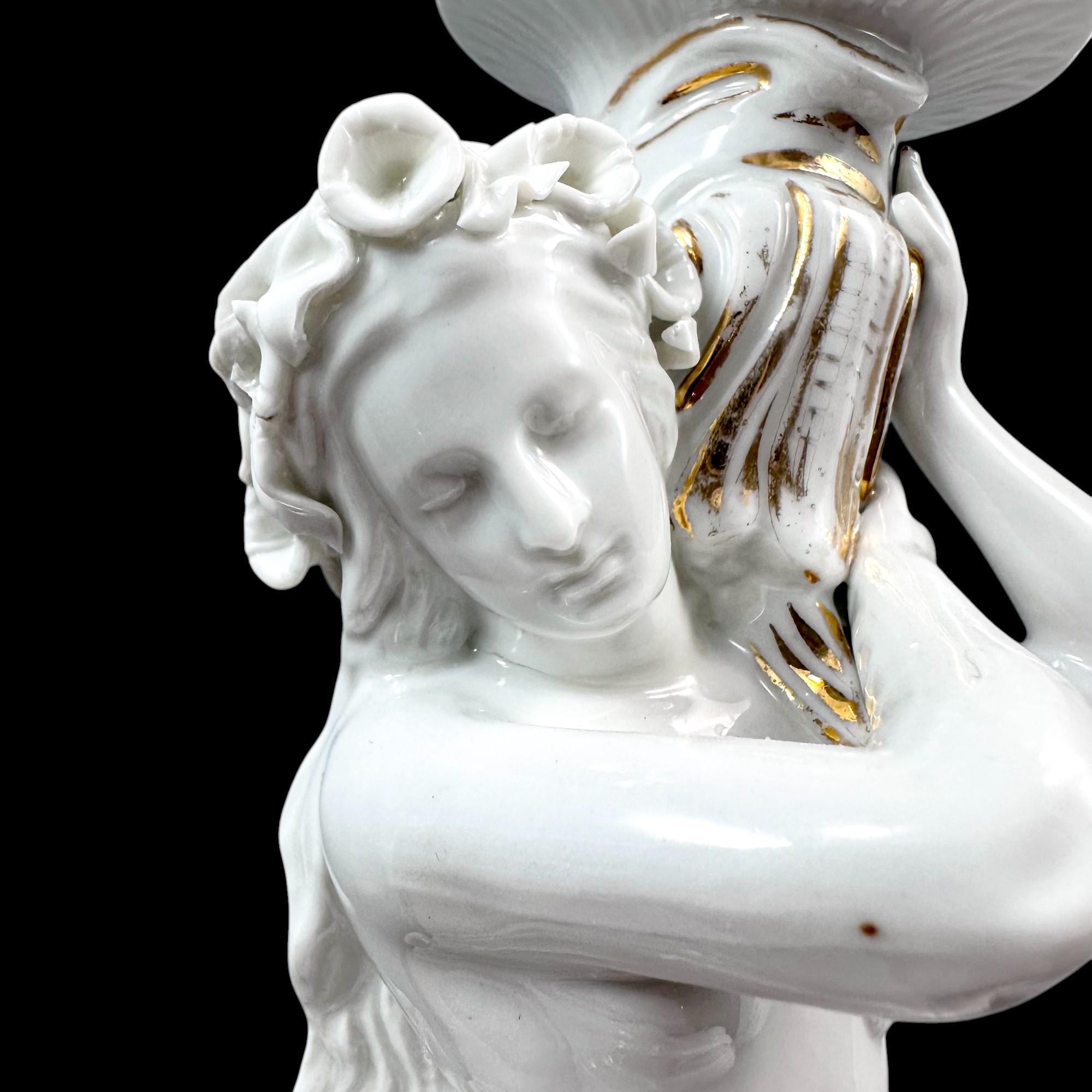 Pair of Victorian English porcelain figural candlesticks, Sutherland & Sons style, Neoclassical ladies with dolphin, antique Staffordshire