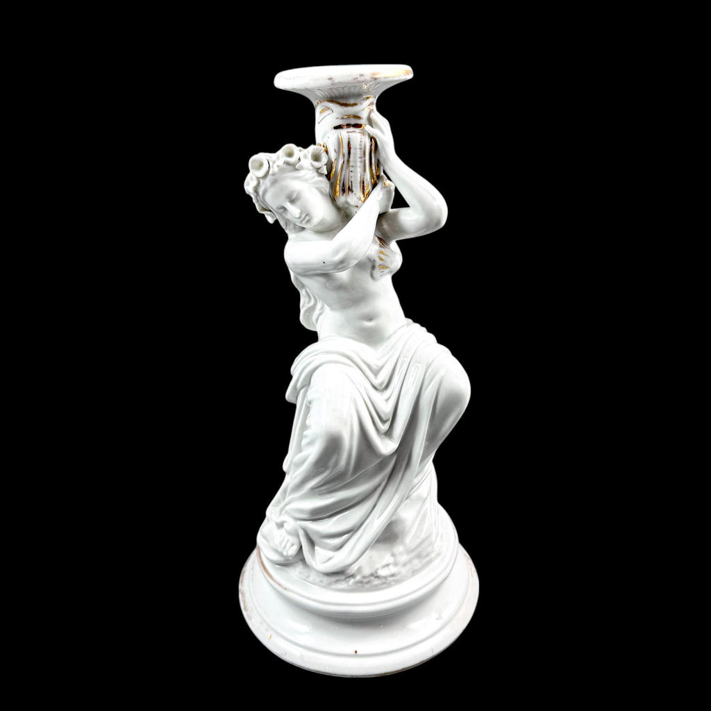 Pair of Victorian English porcelain figural candlesticks, Sutherland & Sons style, Neoclassical ladies with dolphin, antique Staffordshire