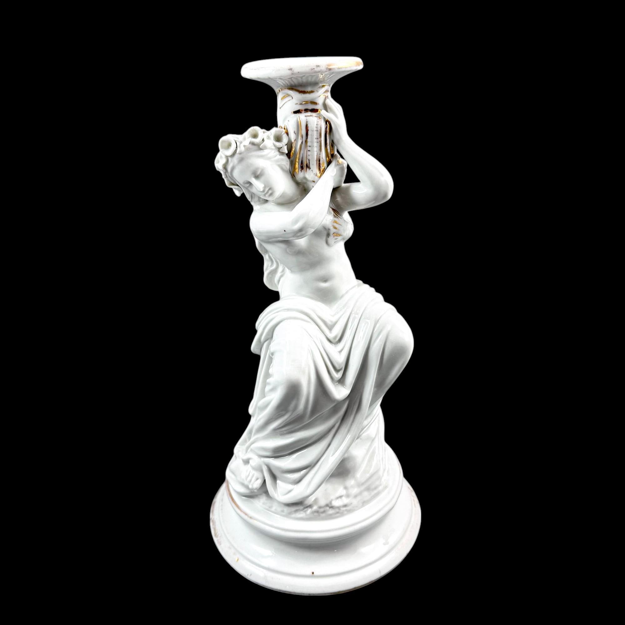 Pair of Victorian English porcelain figural candlesticks, Sutherland & Sons style, Neoclassical ladies with dolphin, antique Staffordshire