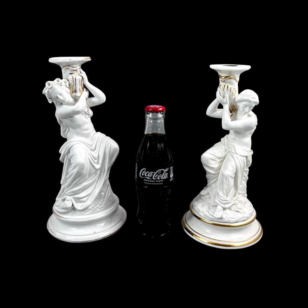Pair of Victorian English porcelain figural candlesticks, Sutherland & Sons style, Neoclassical ladies with dolphin, antique Staffordshire