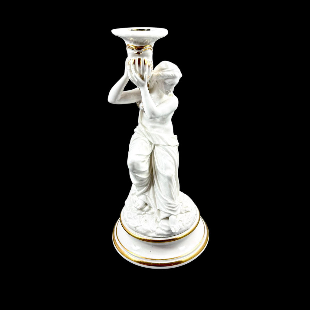 Pair of Victorian English porcelain figural candlesticks, Sutherland & Sons style, Neoclassical ladies with dolphin, antique Staffordshire