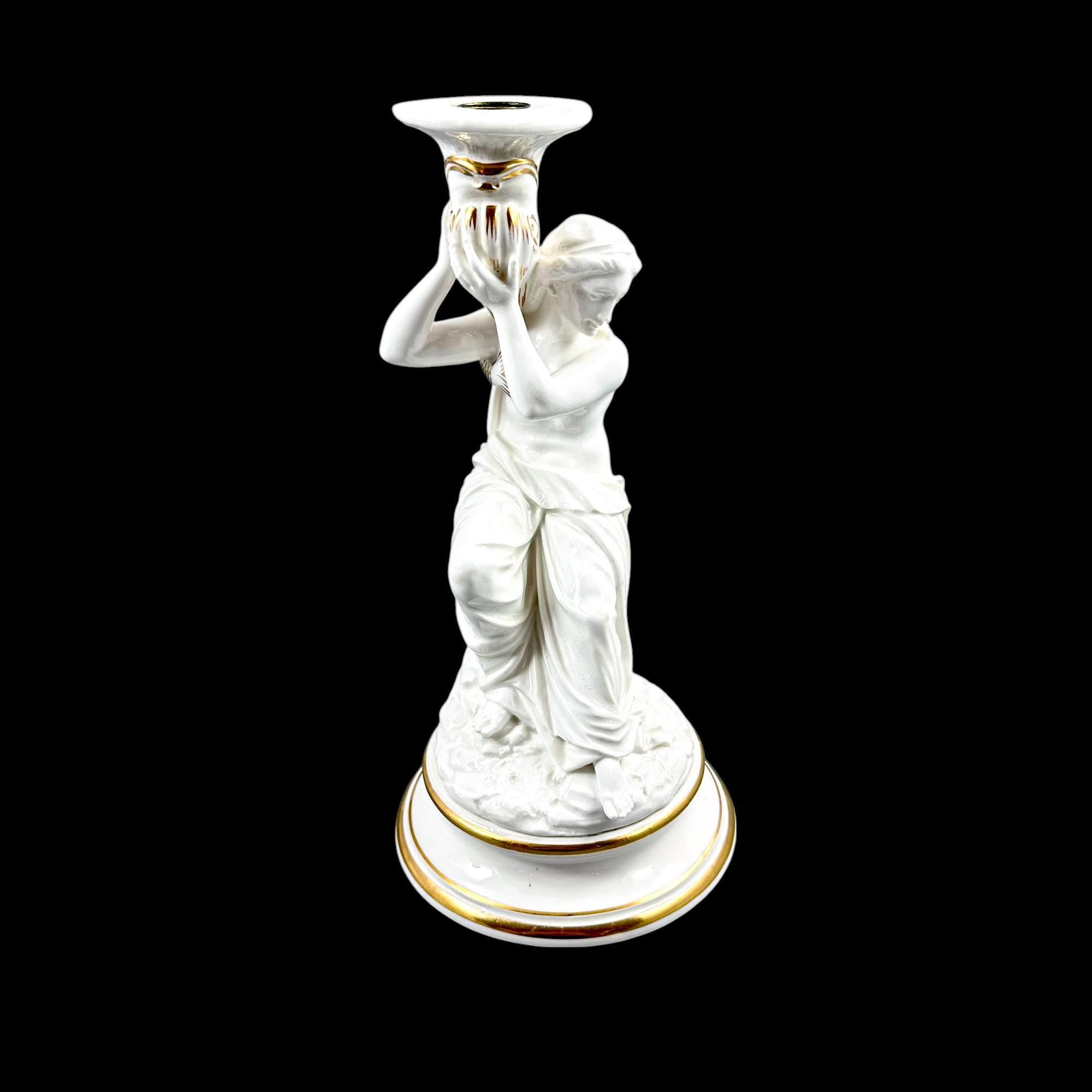 Pair of Victorian English porcelain figural candlesticks, Sutherland & Sons style, Neoclassical ladies with dolphin, antique Staffordshire