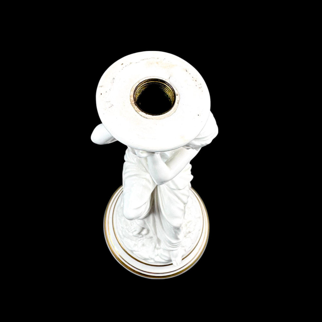 Pair of Victorian English porcelain figural candlesticks, Sutherland & Sons style, Neoclassical ladies with dolphin, antique Staffordshire