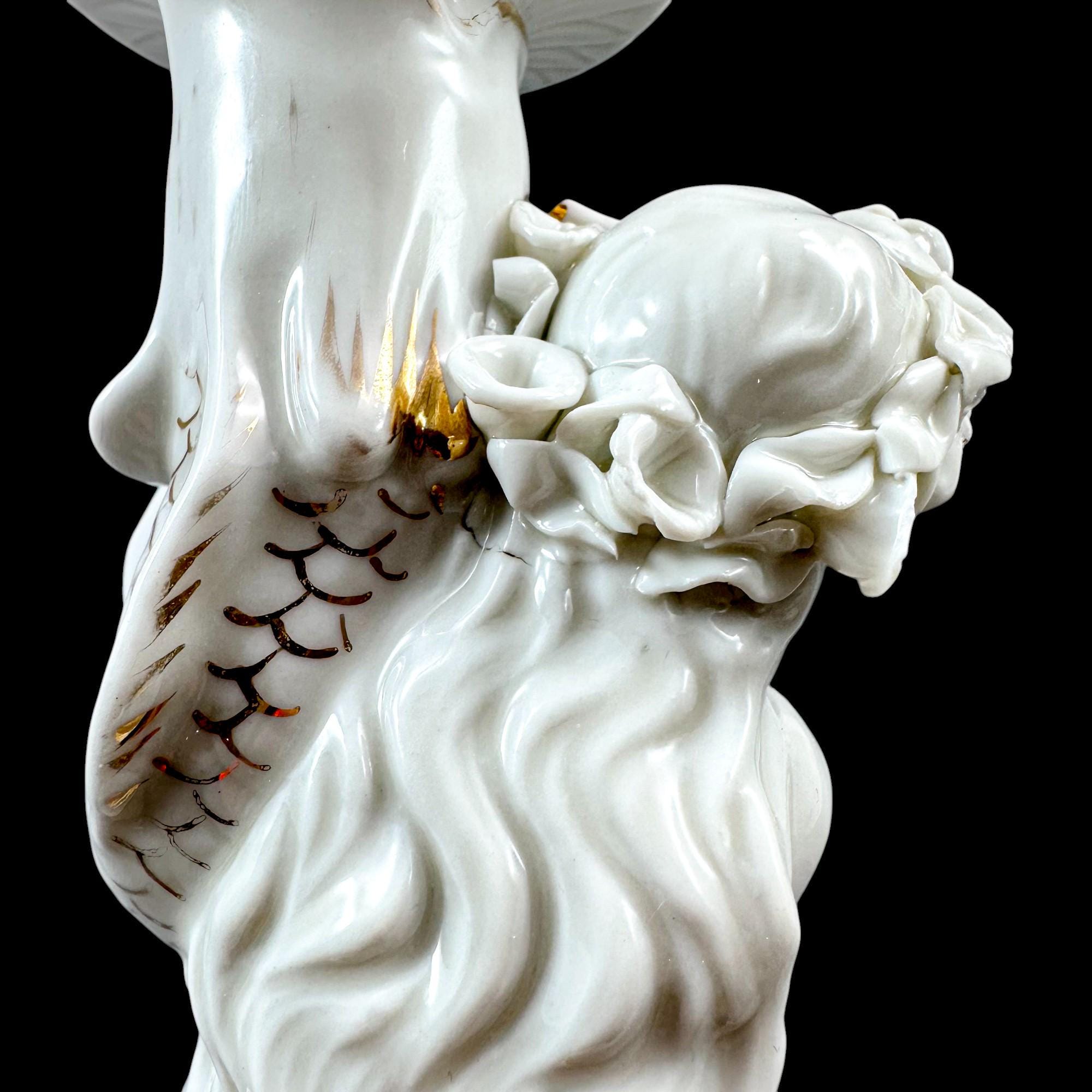 Pair of Victorian English porcelain figural candlesticks, Sutherland & Sons style, Neoclassical ladies with dolphin, antique Staffordshire