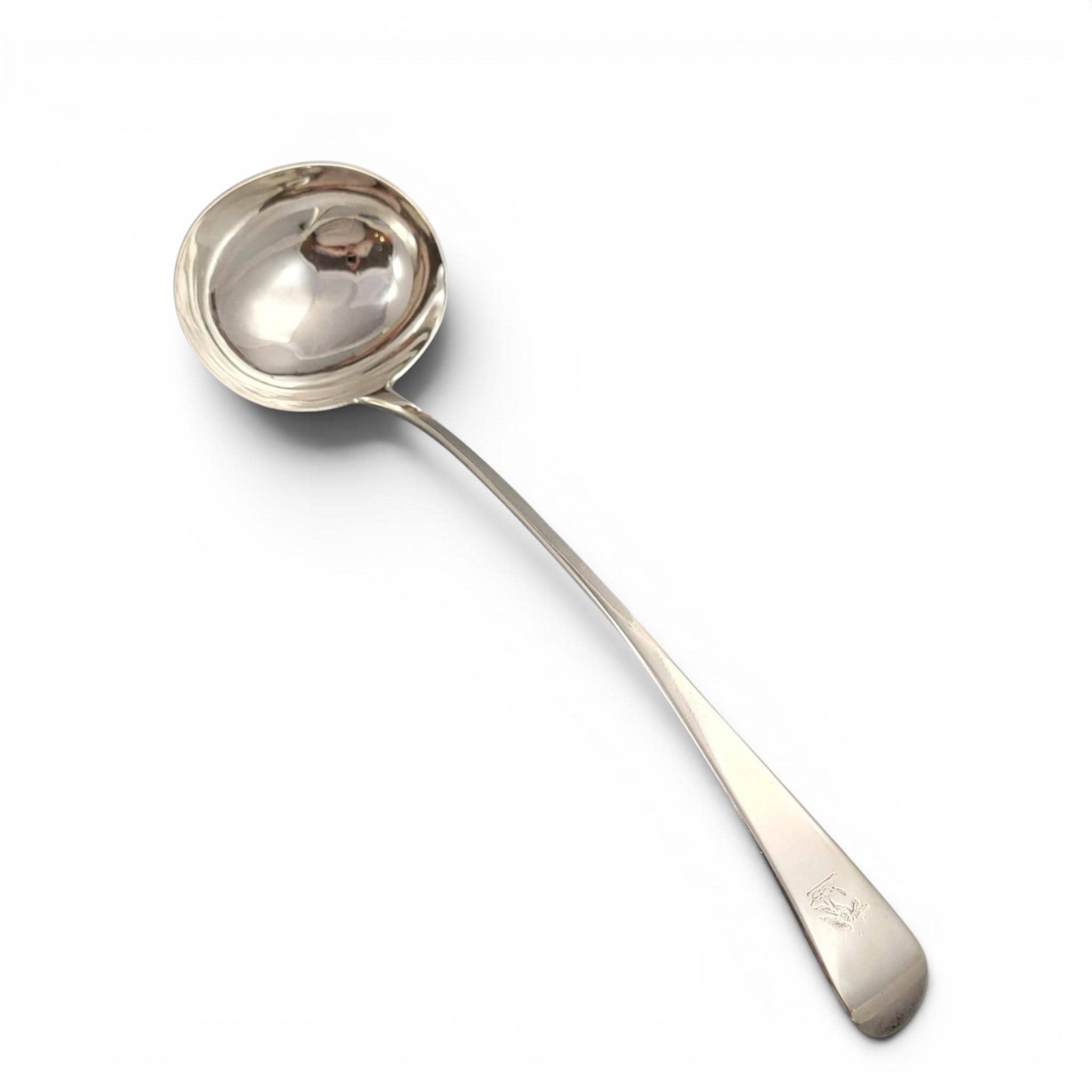 Georgian sterling silver soup ladle, Old English pattern London 1800, antique armorial silver serving spoon