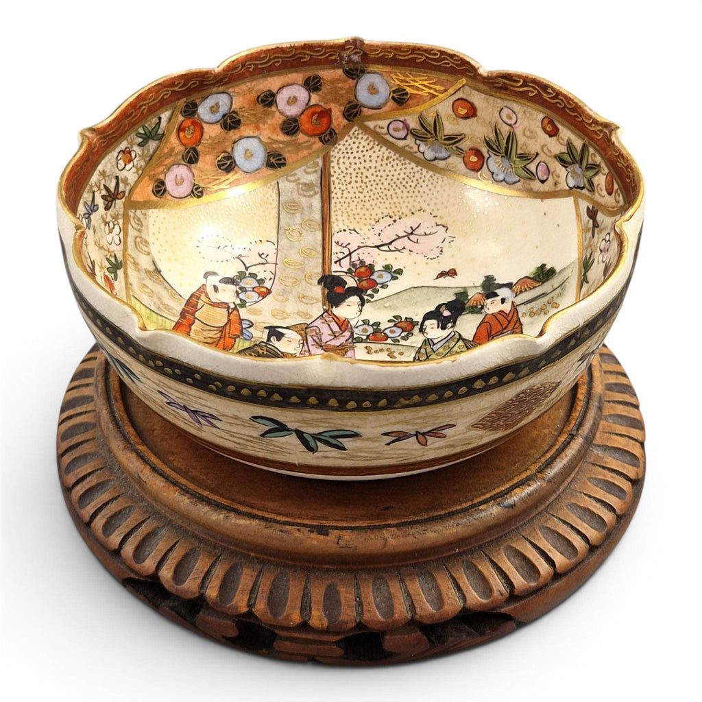 Antique Japanese Satsuma Hanami bowl Kyoto Meiji period c. 1880–1895 Baizan mark gold gilded cabinet ware