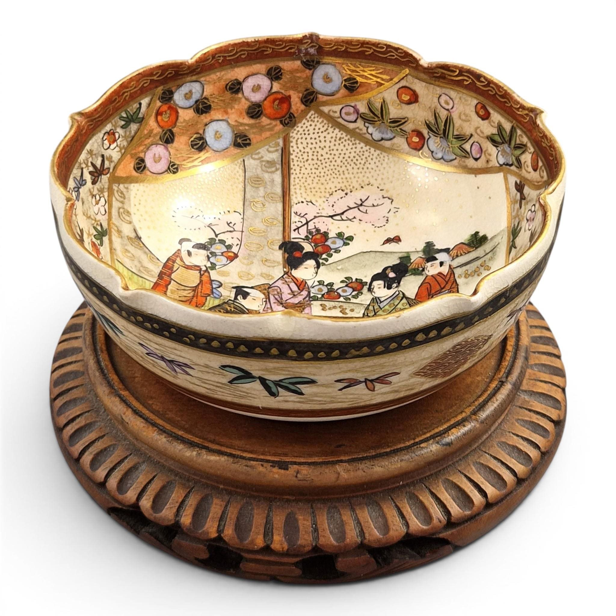 Antique Japanese Satsuma Hanami bowl Kyoto Meiji period c. 1880–1895 Baizan mark gold gilded cabinet ware