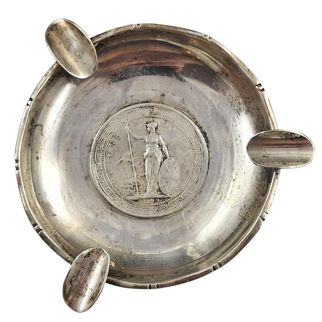 Lee Yee Hing sterling silver coin-inset ashtray with 1899 Trade Dollar, Hong Kong c.1920